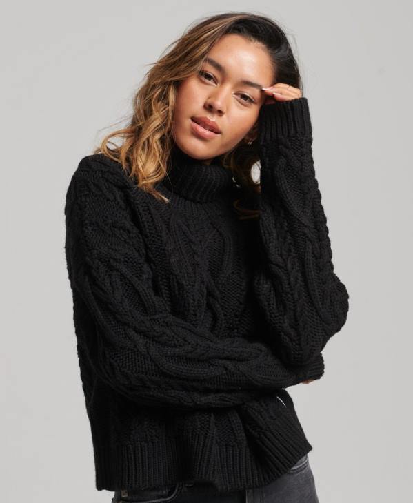 Superdry femmes pull à col roulé en maille torsadée D64Z3976 vêtements noir