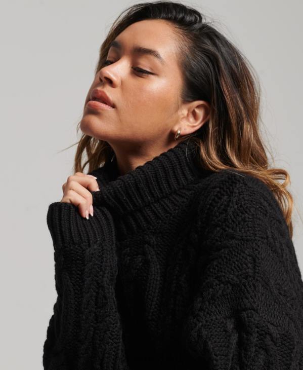 Superdry femmes pull à col roulé en maille torsadée D64Z3976 vêtements noir