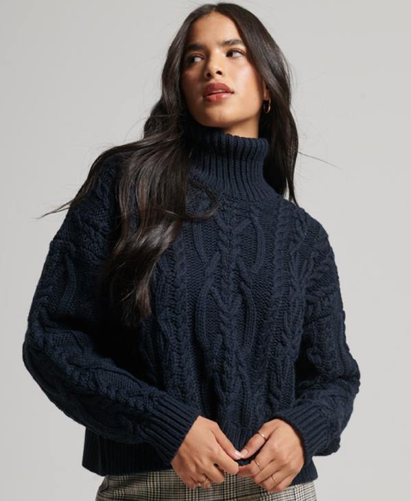 Superdry femmes pull à col roulé en maille torsadée D64Z3991 vêtements marine