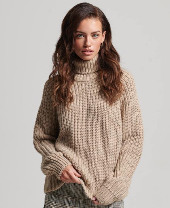 Superdry femmes pull en maille à col roulé D64Z3986 vêtements beige