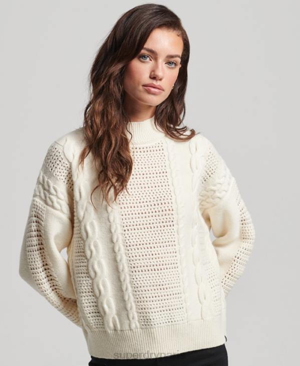 Superdry femmes pull en maille torsadée à col rond D64Z6535 vêtements blanc