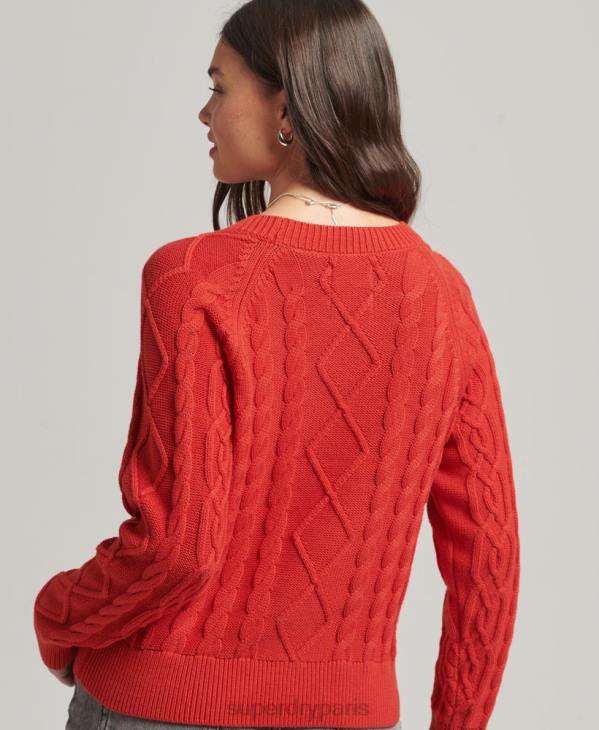 Superdry femmes pull ras du cou en coton torsadé D64Z4038 vêtements rouge