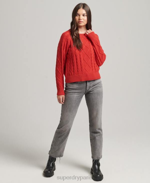 Superdry femmes pull ras du cou en coton torsadé D64Z4038 vêtements rouge