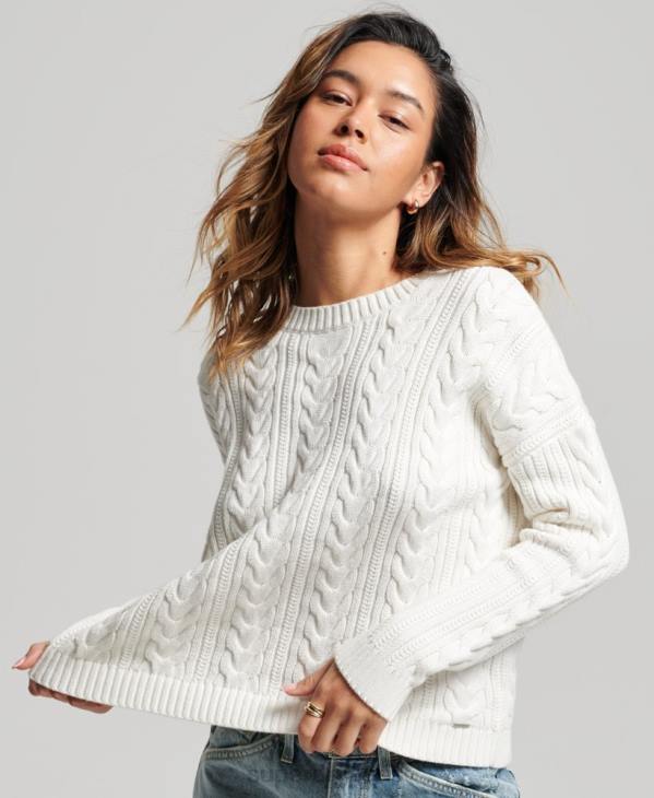 Superdry femmes pull ras du cou en maille torsadée à épaules tombantes D64Z3959 vêtements blanc