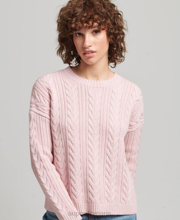 Superdry femmes pull ras du cou en maille torsadée à épaules tombantes D64Z3970 vêtements rose