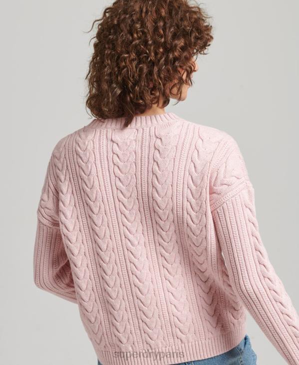 Superdry femmes pull ras du cou en maille torsadée à épaules tombantes D64Z3970 vêtements rose