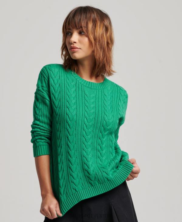 Superdry femmes pull ras du cou en maille torsadée à épaules tombantes D64Z3993 vêtements vert