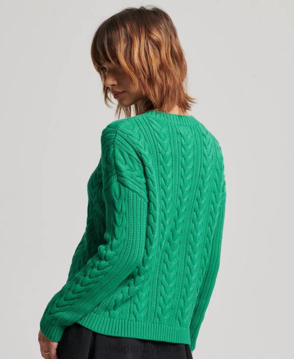 Superdry femmes pull ras du cou en maille torsadée à épaules tombantes D64Z3993 vêtements vert