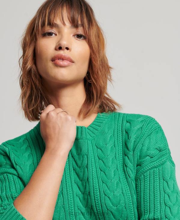 Superdry femmes pull ras du cou en maille torsadée à épaules tombantes D64Z3993 vêtements vert