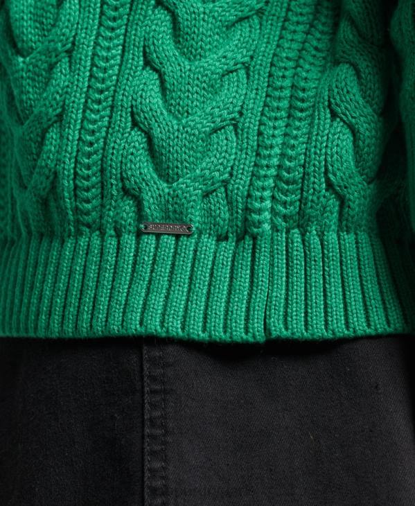 Superdry femmes pull ras du cou en maille torsadée à épaules tombantes D64Z3993 vêtements vert