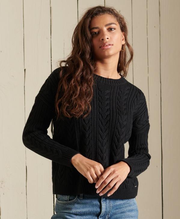 Superdry femmes pull ras du cou en maille torsadée à épaules tombantes D64Z3995 vêtements noir
