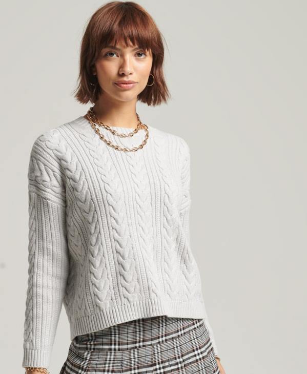 Superdry femmes pull ras du cou en maille torsadée à épaules tombantes D64Z4024 vêtements gris clair