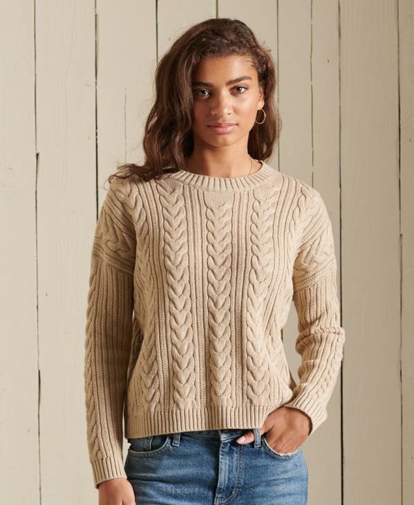 Superdry femmes pull ras du cou en maille torsadée à épaules tombantes D64Z4026 vêtements beige