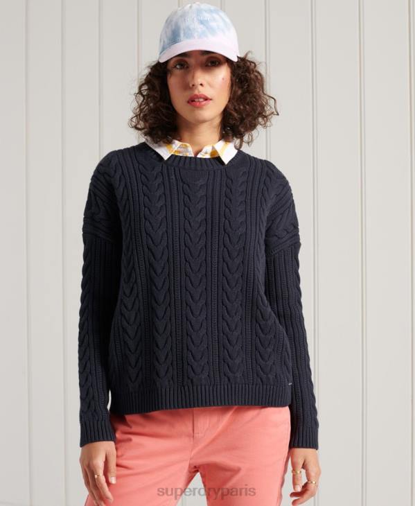 Superdry femmes pull ras du cou en maille torsadée à épaules tombantes D64Z4028 vêtements marine