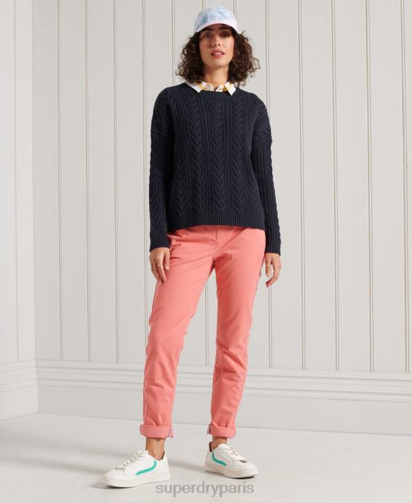 Superdry femmes pull ras du cou en maille torsadée à épaules tombantes D64Z4028 vêtements marine
