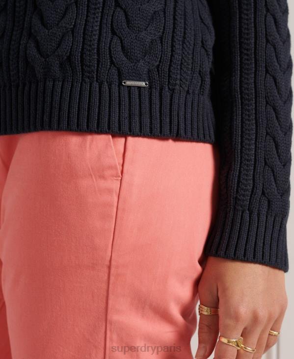 Superdry femmes pull ras du cou en maille torsadée à épaules tombantes D64Z4028 vêtements marine