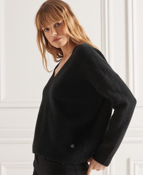 Superdry femmes studios pull ample en maille à col v D64Z4015 vêtements noir