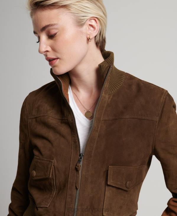 Superdry femmes blouson aviateur en daim à col tricoté studios D64Z3700 vêtements bronzer