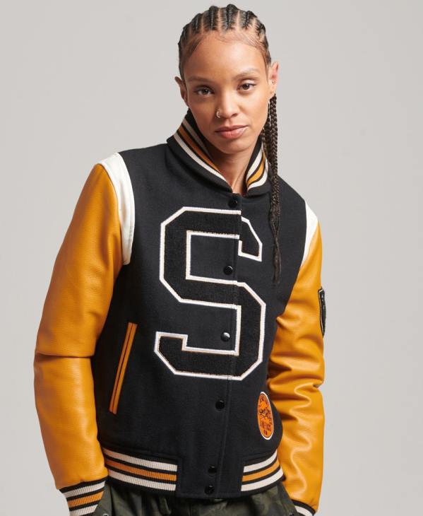 Superdry femmes blouson aviateur en pu laine varsity D64Z5467 vêtements noir