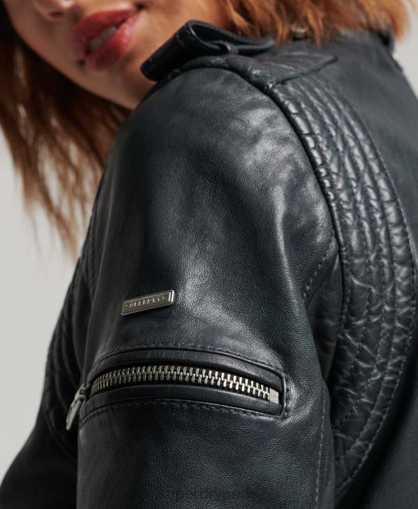 Superdry femmes blouson moto vintage en cuir D64Z2042 vêtements gris foncé