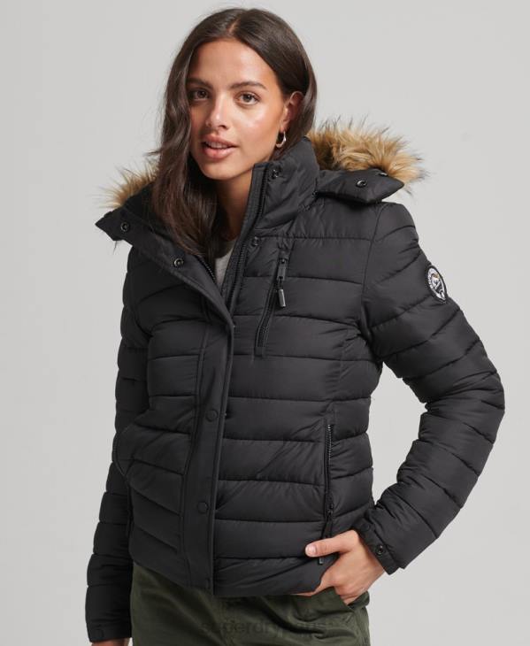 Superdry femmes doudoune courte à capuche en fausse fourrure D64Z3630 vêtements noir