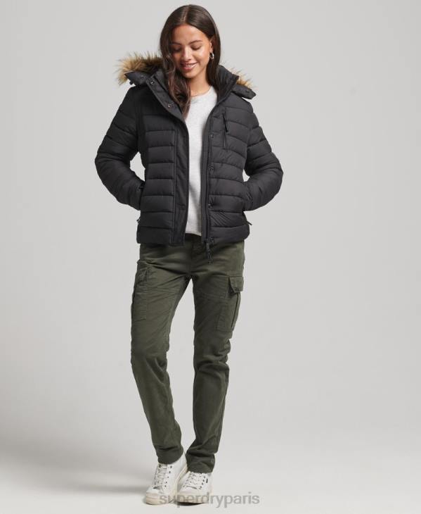 Superdry femmes doudoune courte à capuche en fausse fourrure D64Z3630 vêtements noir
