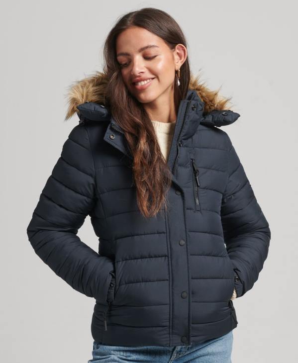 Superdry femmes doudoune courte à capuche en fausse fourrure D64Z3640 vêtements marine