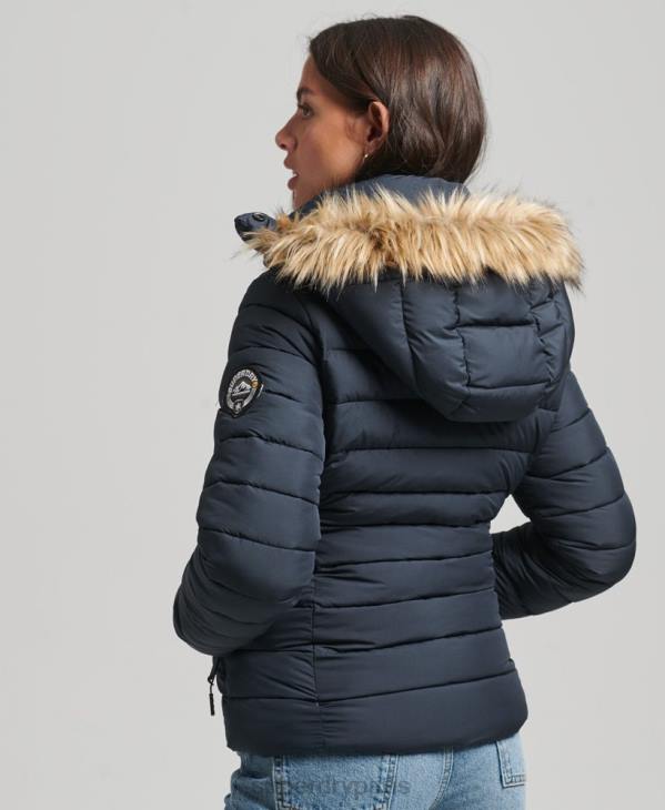 Superdry femmes doudoune courte à capuche en fausse fourrure D64Z3640 vêtements marine