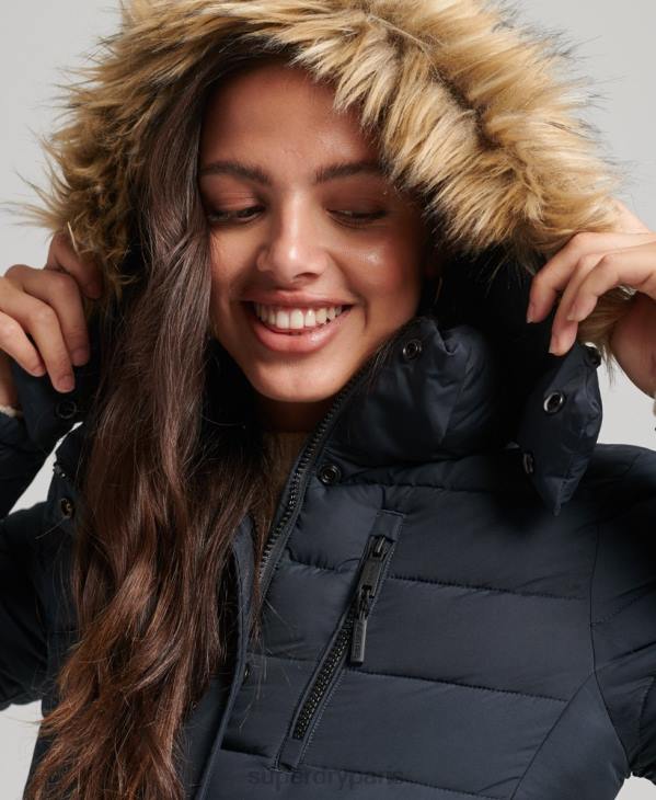 Superdry femmes doudoune courte à capuche en fausse fourrure D64Z3640 vêtements marine