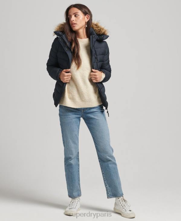 Superdry femmes doudoune courte à capuche en fausse fourrure D64Z3640 vêtements marine