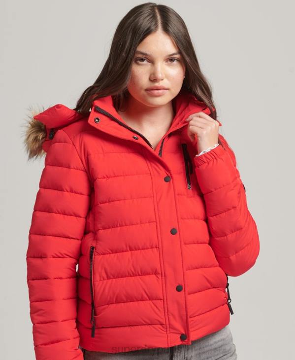 Superdry femmes doudoune courte à capuche en fausse fourrure D64Z5571 vêtements rouge