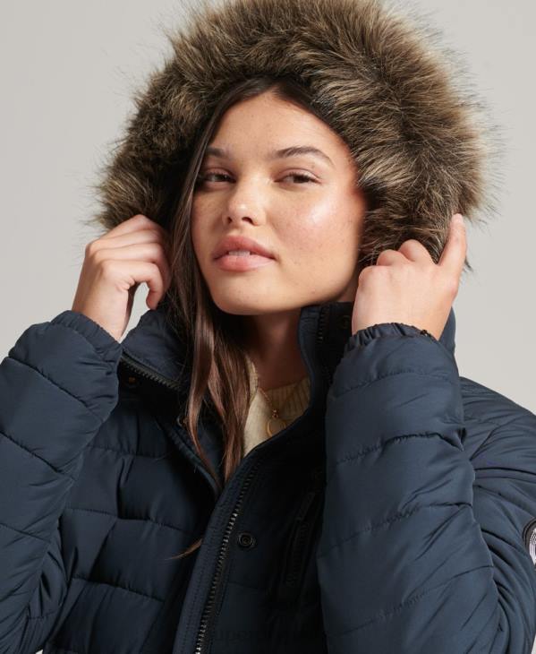 Superdry femmes doudoune mi-longue à capuche en fausse fourrure D64Z3605 vêtements marine