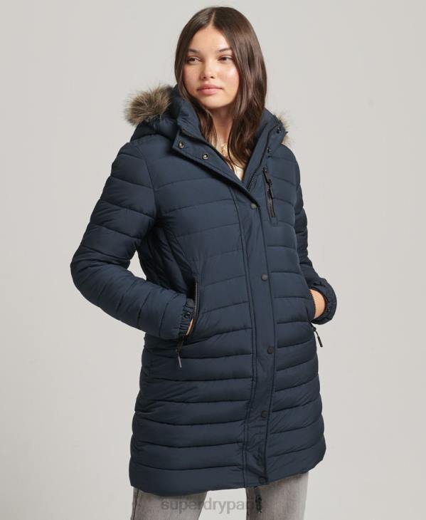 Superdry femmes doudoune mi-longue à capuche en fausse fourrure D64Z3605 vêtements marine