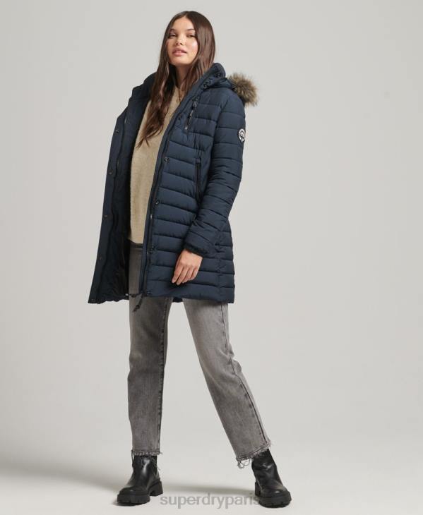 Superdry femmes doudoune mi-longue à capuche en fausse fourrure D64Z3605 vêtements marine