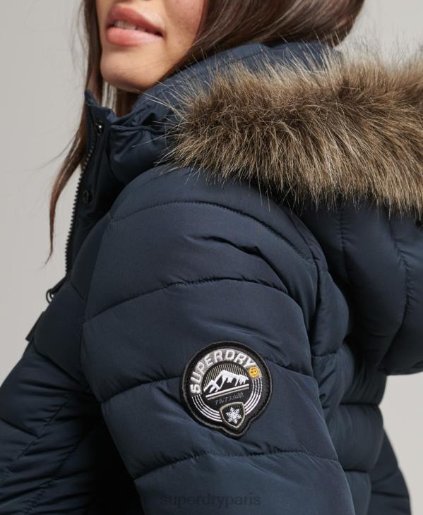 Superdry femmes doudoune mi-longue à capuche en fausse fourrure D64Z3605 vêtements marine