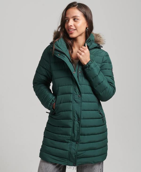 Superdry femmes doudoune mi-longue à capuche en fausse fourrure D64Z3636 vêtements vert