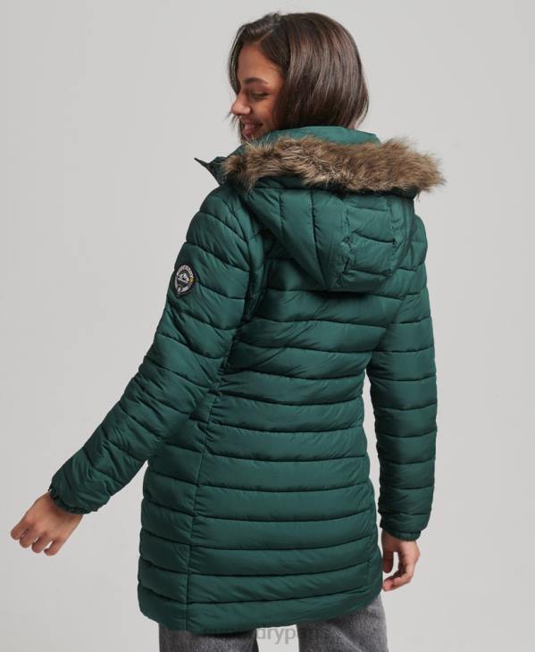 Superdry femmes doudoune mi-longue à capuche en fausse fourrure D64Z3636 vêtements vert
