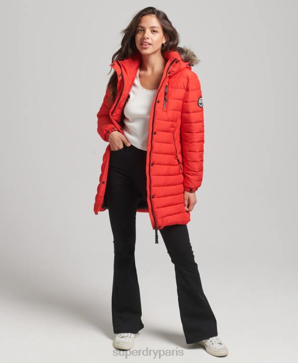 Superdry femmes doudoune mi-longue à capuche en fausse fourrure D64Z3688 vêtements rouge