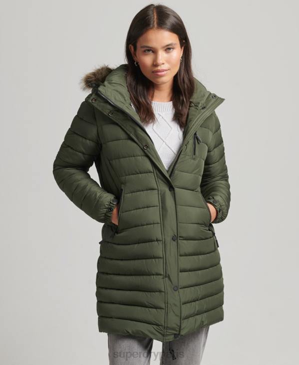 Superdry femmes doudoune mi-longue à capuche en fausse fourrure D64Z3715 vêtements kaki