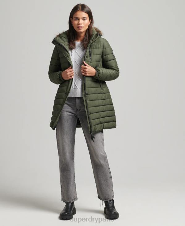 Superdry femmes doudoune mi-longue à capuche en fausse fourrure D64Z3715 vêtements kaki