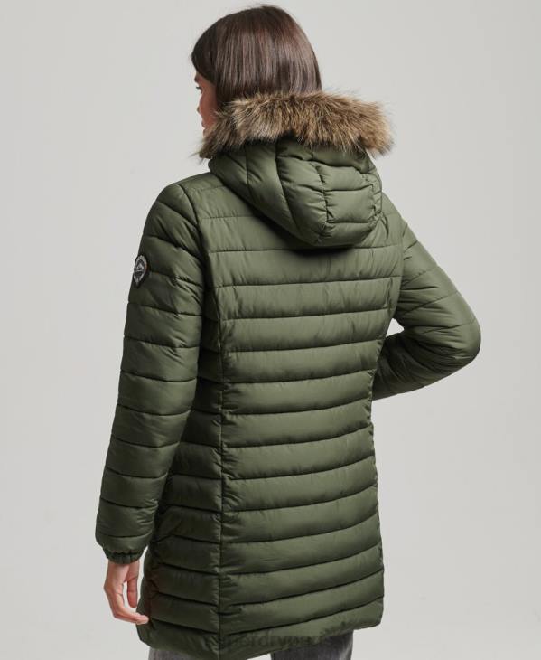 Superdry femmes doudoune mi-longue à capuche en fausse fourrure D64Z3715 vêtements kaki