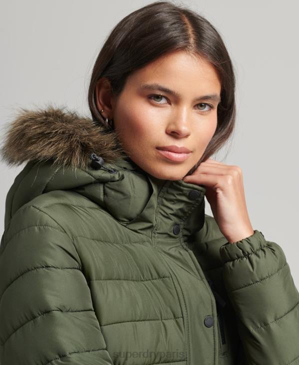 Superdry femmes doudoune mi-longue à capuche en fausse fourrure D64Z3715 vêtements kaki