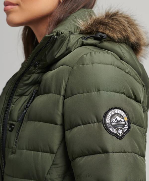 Superdry femmes doudoune mi-longue à capuche en fausse fourrure D64Z3715 vêtements kaki