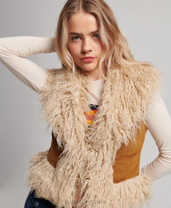 Superdry femmes gilet court afghan doublé de fausse fourrure D64Z3553 vêtements brun