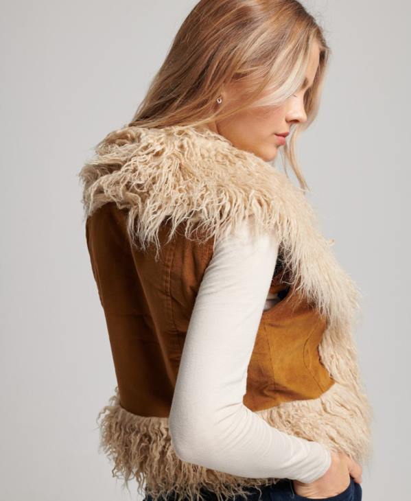 Superdry femmes gilet court afghan doublé de fausse fourrure D64Z3553 vêtements brun