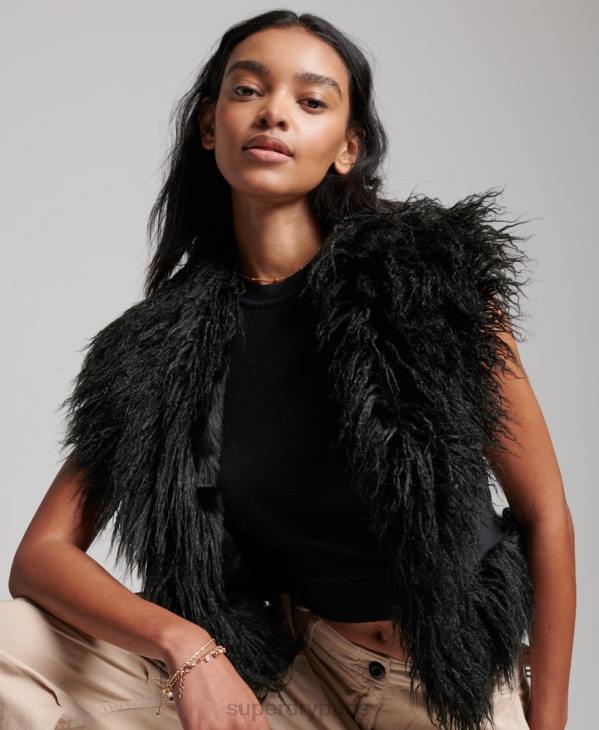 Superdry femmes gilet court afghan doublé de fausse fourrure D64Z3793 vêtements noir