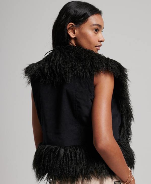 Superdry femmes gilet court afghan doublé de fausse fourrure D64Z3793 vêtements noir