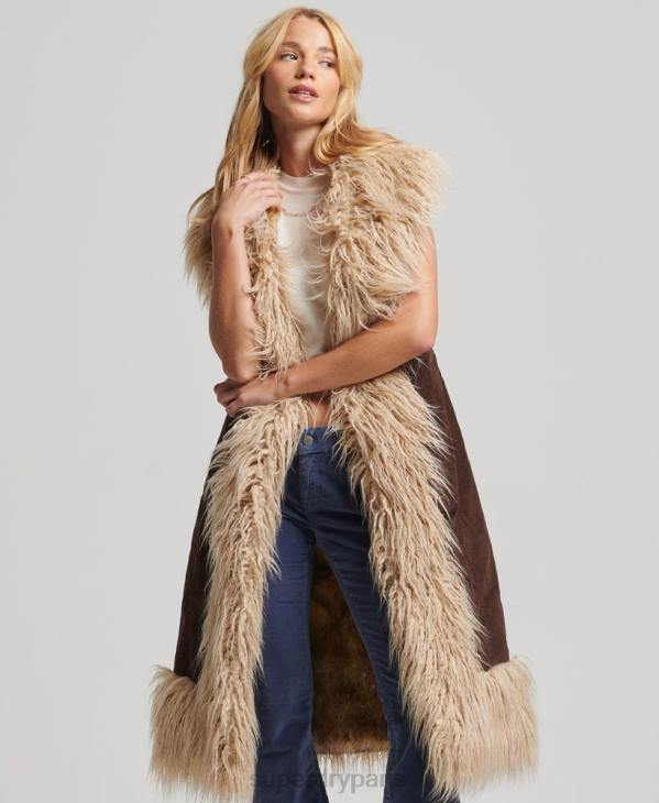 Superdry femmes gilet long afghan en fausse fourrure D64Z3561 vêtements brun