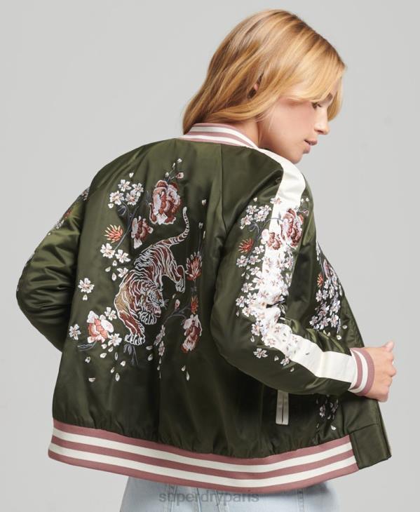 Superdry femmes veste bomber brodée sukajan D64Z5660 vêtements vert