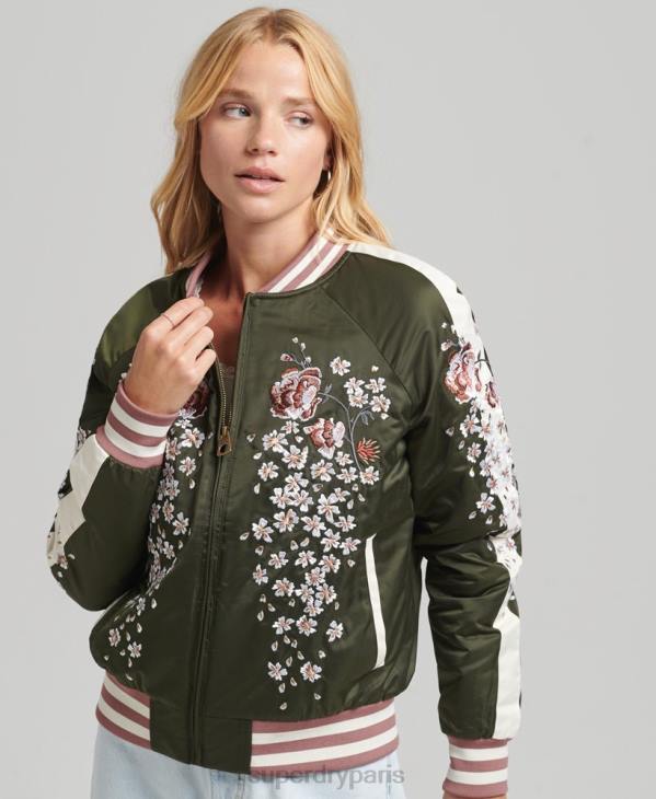 Superdry femmes veste bomber brodée sukajan D64Z5660 vêtements vert